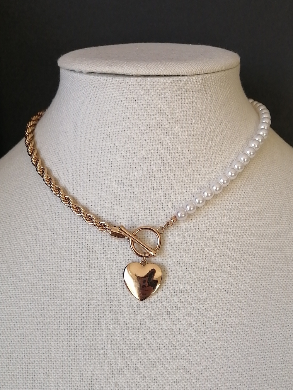 Goldtobe Rope & White Faux Pearl Heart Charm Toggle Collar Necklace